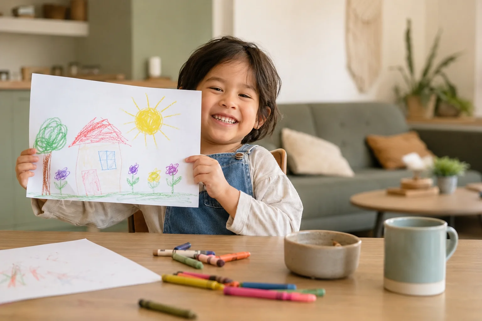 A young child playing happily on the living-room floor at home