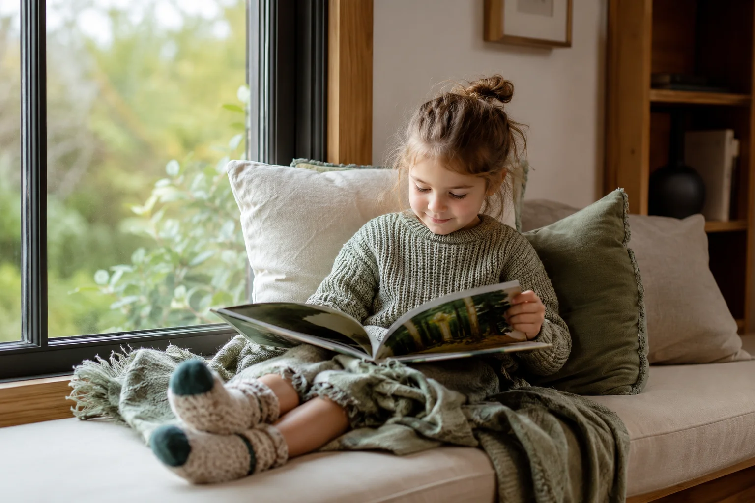 A child learning at the kitchen table in a bright family home