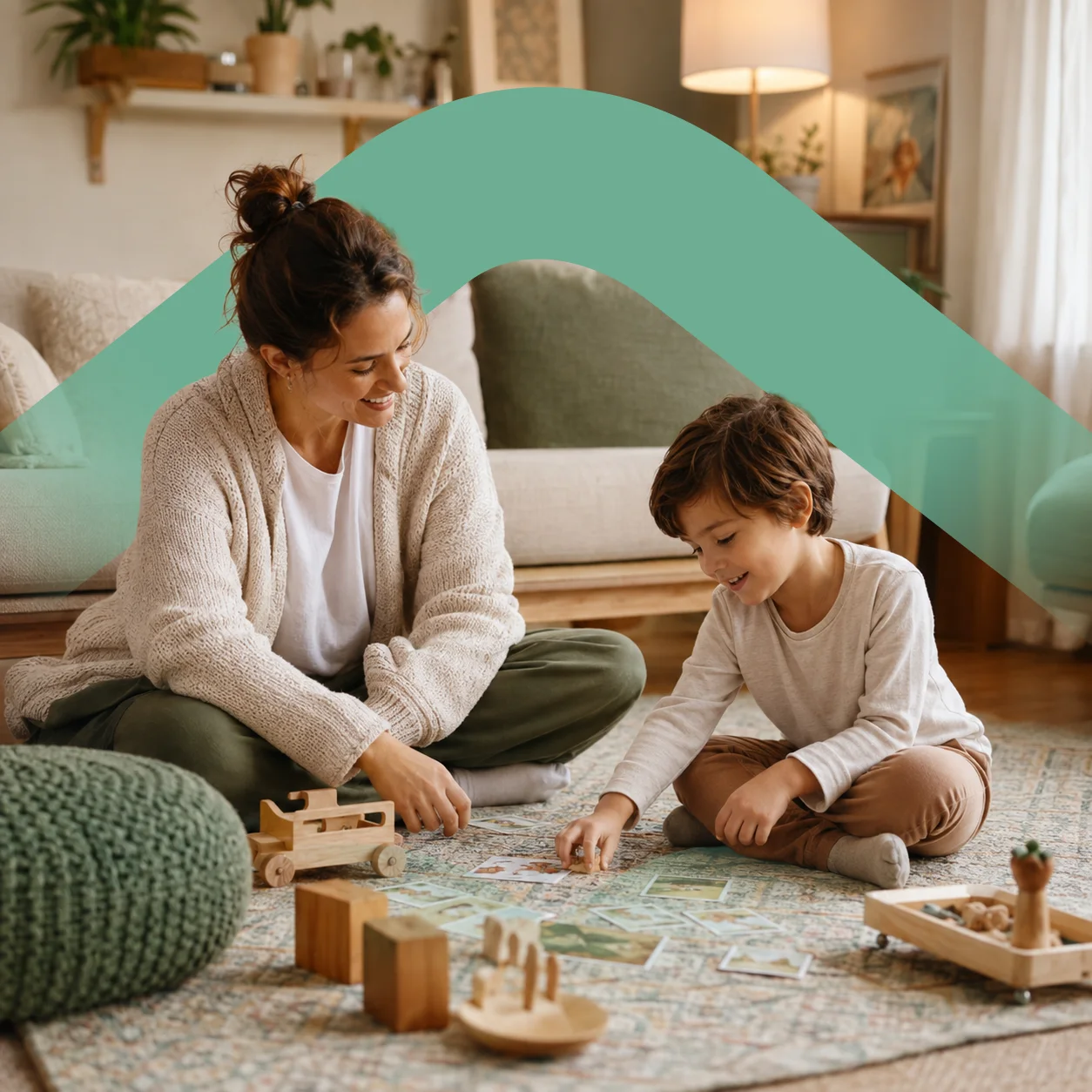 A Bright Home ABA therapist sitting on the floor with a young child at home, playing together during a session