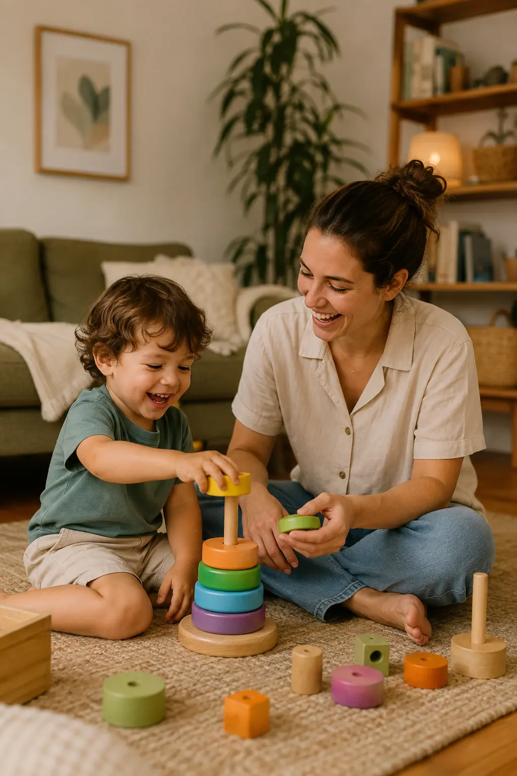 A smiling child and their therapist playing together on the living-room floor at home
