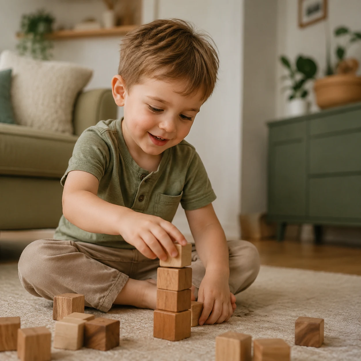 A young child smiling while playing at home